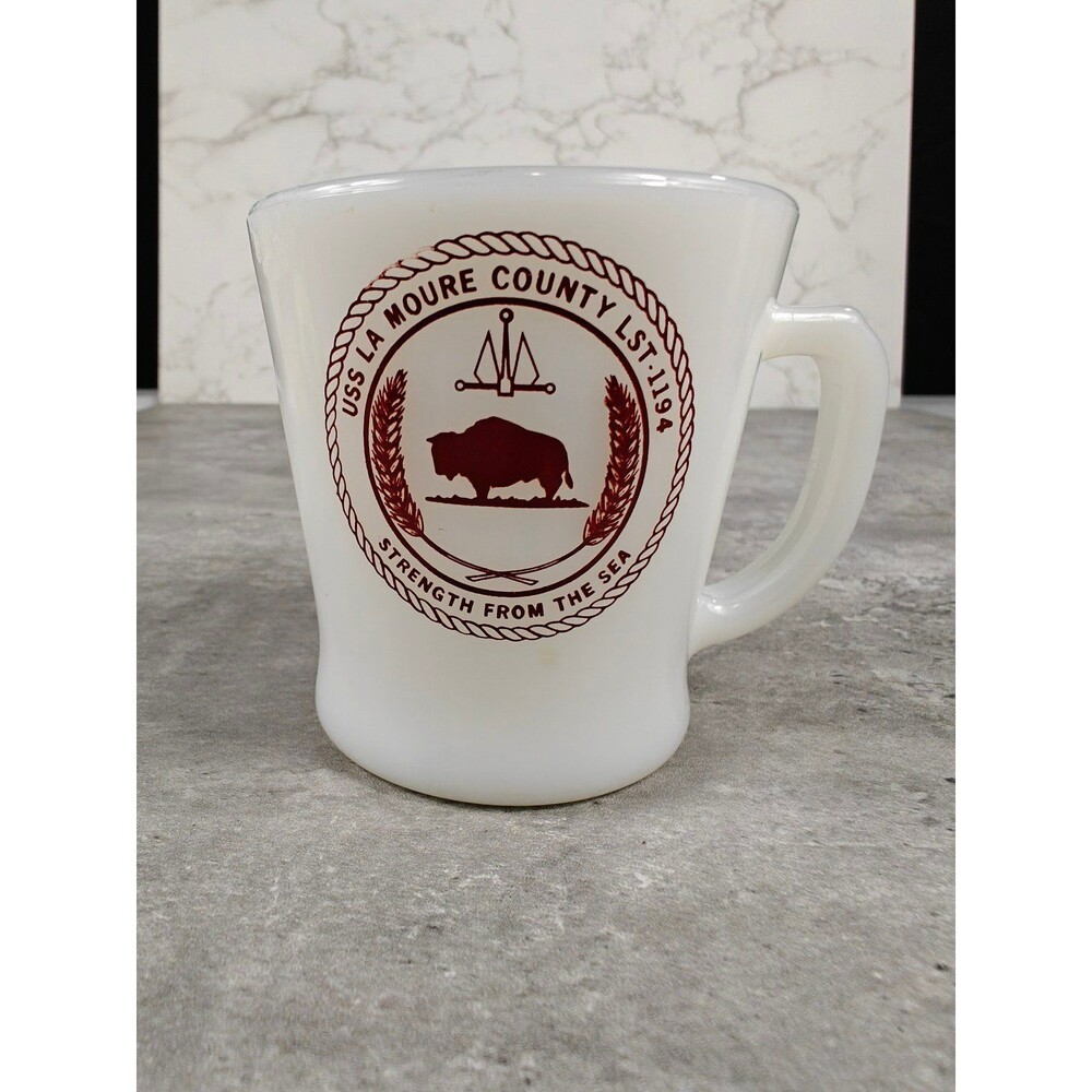 Fire King Milk Glass Coffee Mug Vintage US Navy USS La Moure County LST 1194